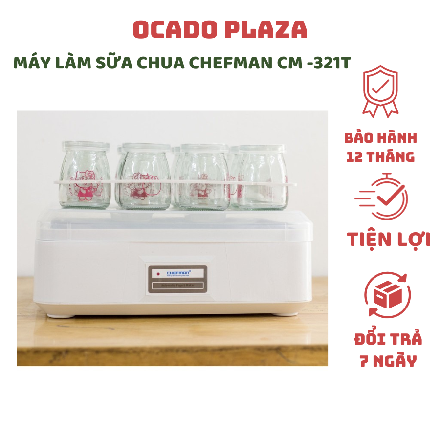 Máy làm sữa chua Chefman CM - 321T, Máy làm sữa chua tự động 12 cốc thủy tinh cao cấp, có khay chống vỡ an toàn - Bảo hành 12 tháng