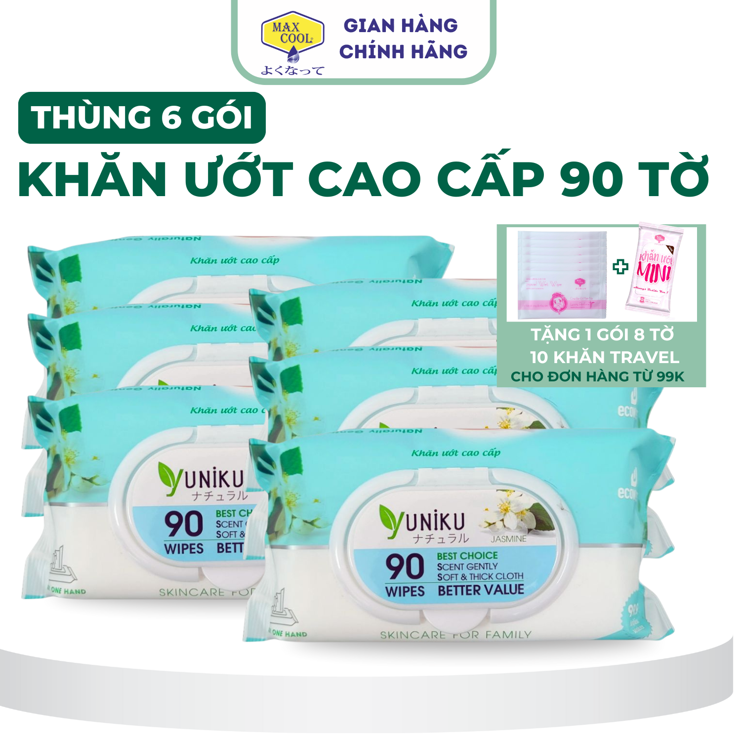 Combo 6 gói khăn ướt Yuniku 90 tờ, xanh ngọc hương lài