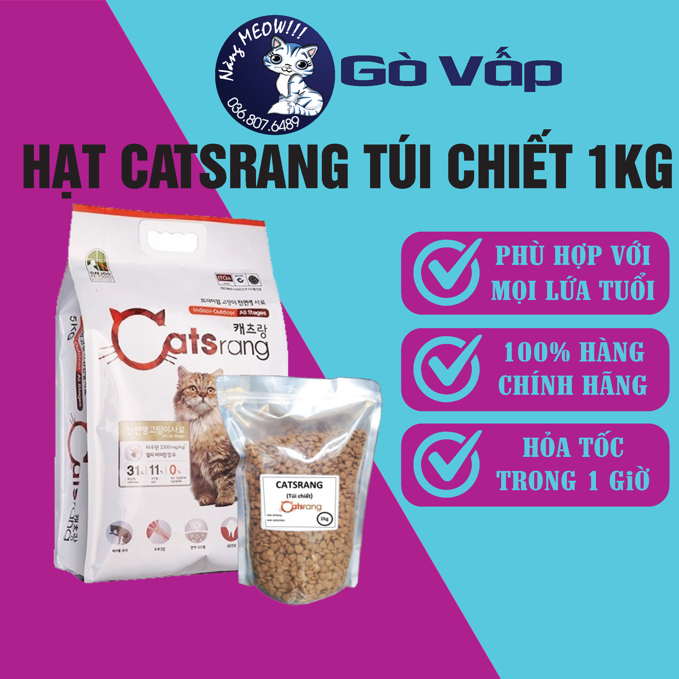 Hạt Catsrang - Thức ăn khô cho mèo Túi chiết 1KG