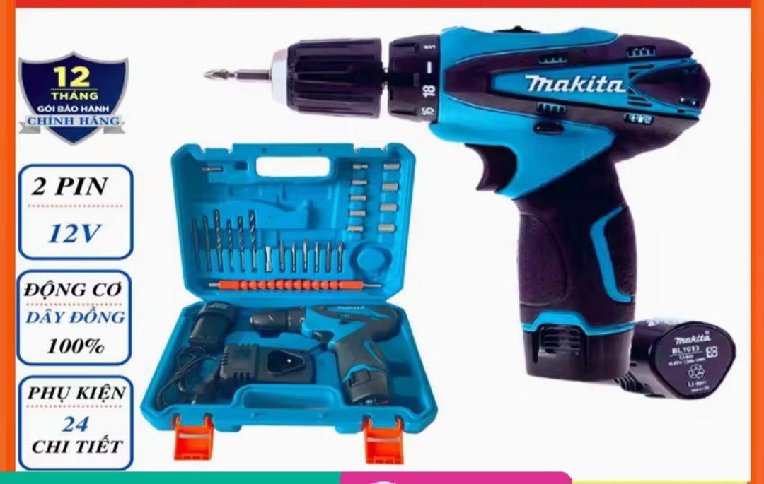 Máy khoan pin bắt vít Makita 12V Máy khoan Nhông kim loại + Motor ruột đồng 100%