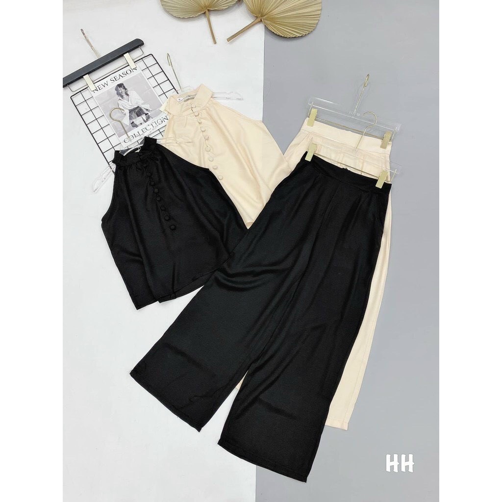 Set đũi cổ yếm cúc bọc 2m quần ống suông