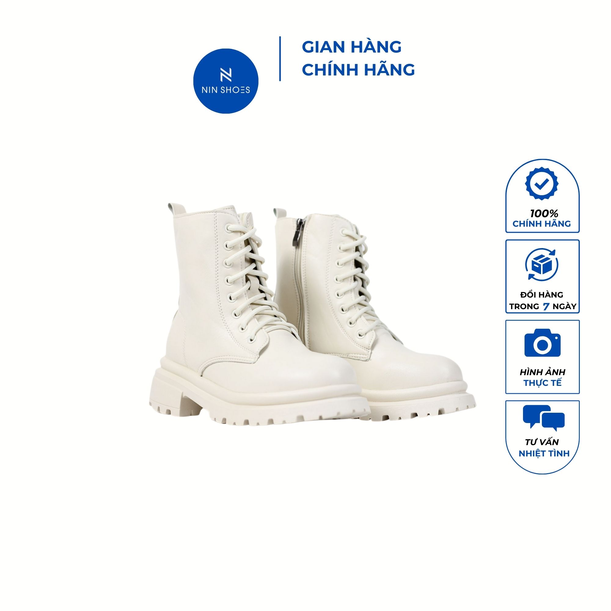 Giày Boots Nữ Chiến Binh Đế Răng Cưa Cổ Ngắn Đế Bằng 4P Khóa kéo Bên Trong Thanh lịch Ninshoes Bom50