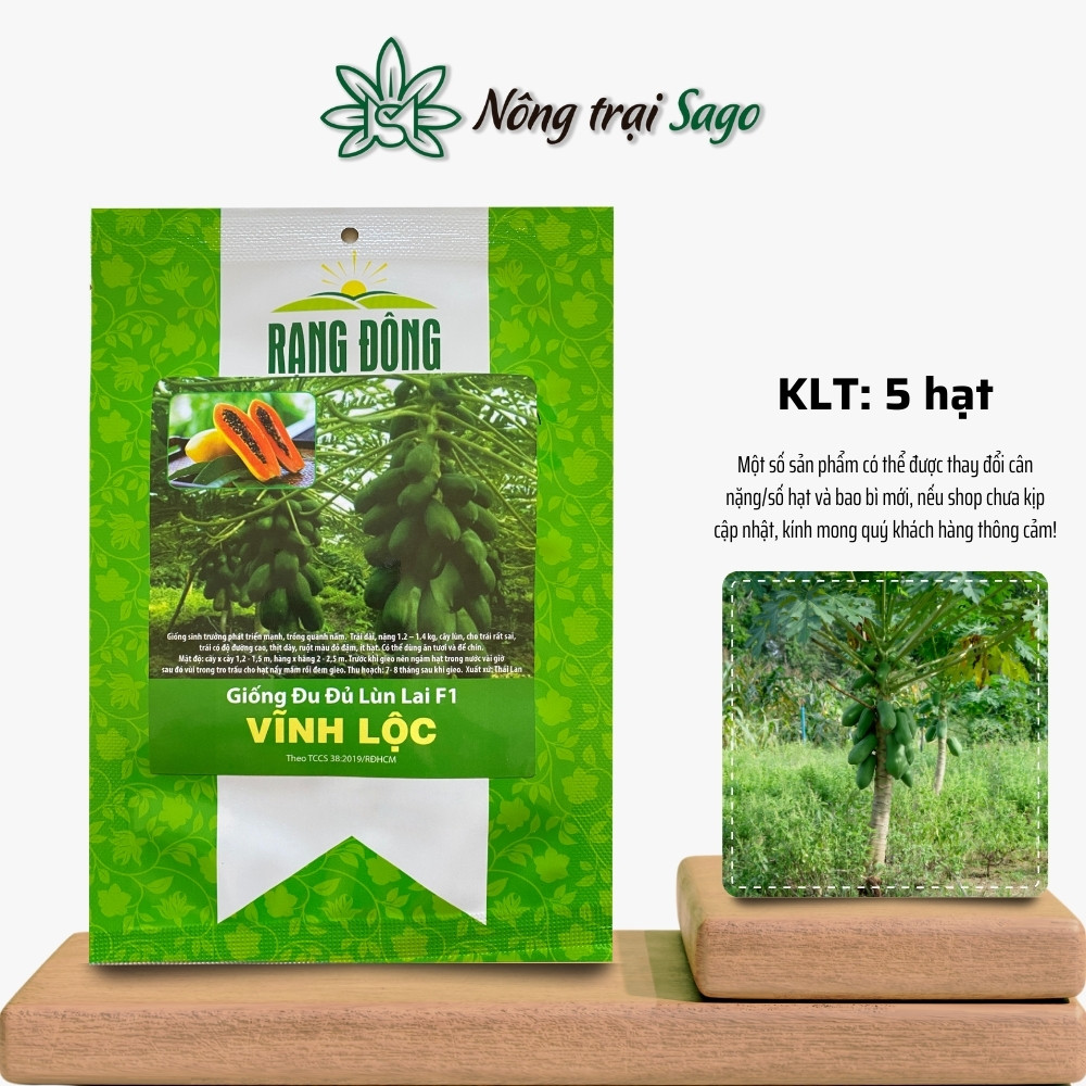 Hạt giống Đu Đủ Lùn Lai F1 Vĩnh Lộc (5 hạt) thân lùn, trái sai, thịt dày, ngọt, trồng quanh năm, hiệu Hạt giống Rạng Đông - Nông Trại Sago