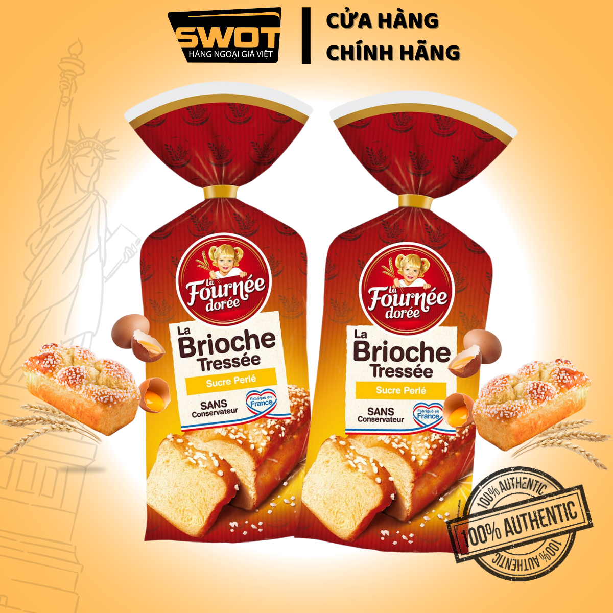 Combo 2 Bánh mì hoa cúc Pháp La Fournee Doree Brioche Tressee Sucre Perle, Bánh mì hoa cúc túi 400g, dai, ngon, đậm vị