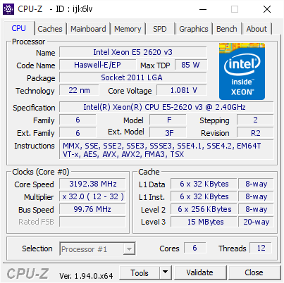 Cpu intel xeon e5 2620v3 sk 2011-3 2.4ghz 6 nhân 12 luồng