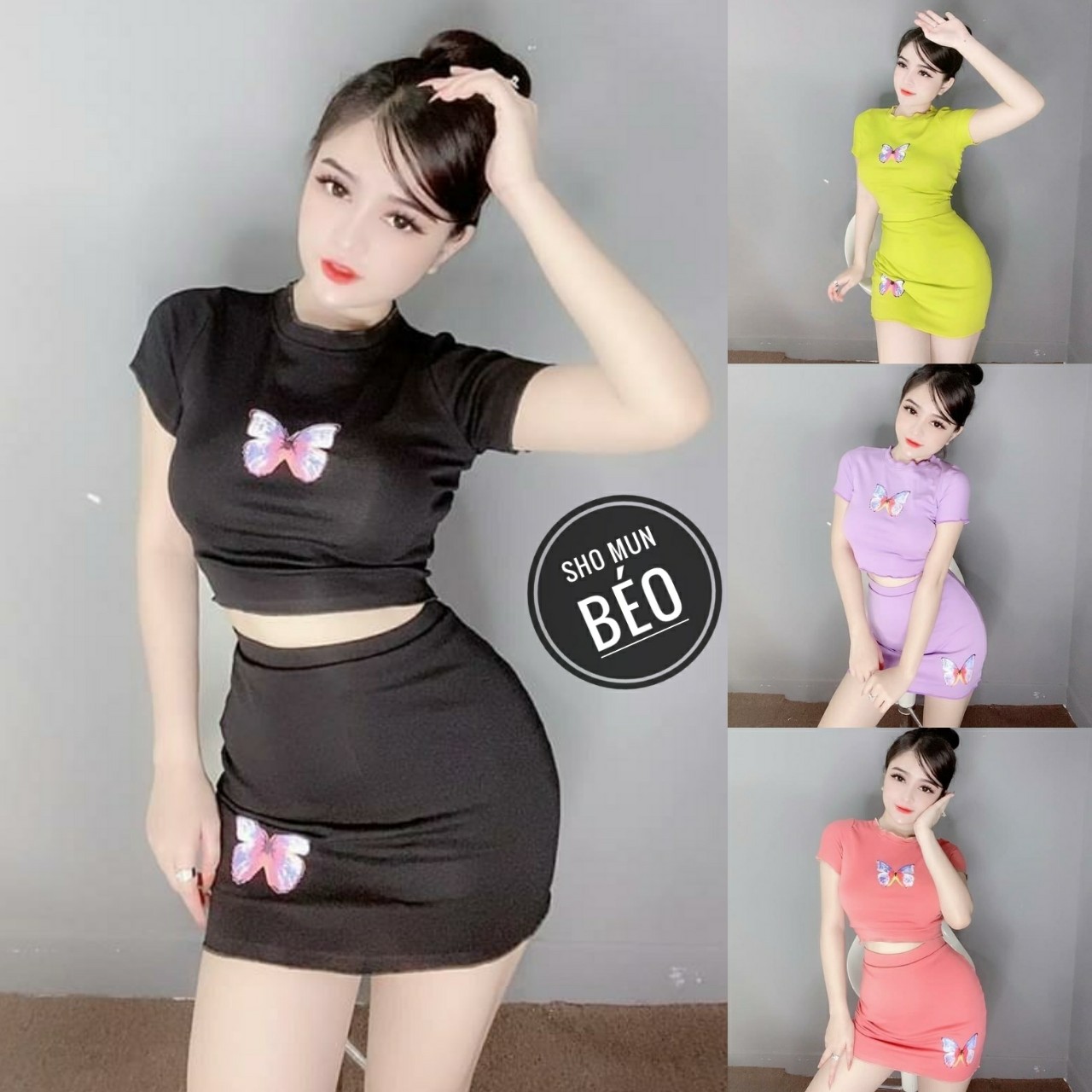 Set áo croptop kèm chân váy ngắn in bướm hàng vnxk