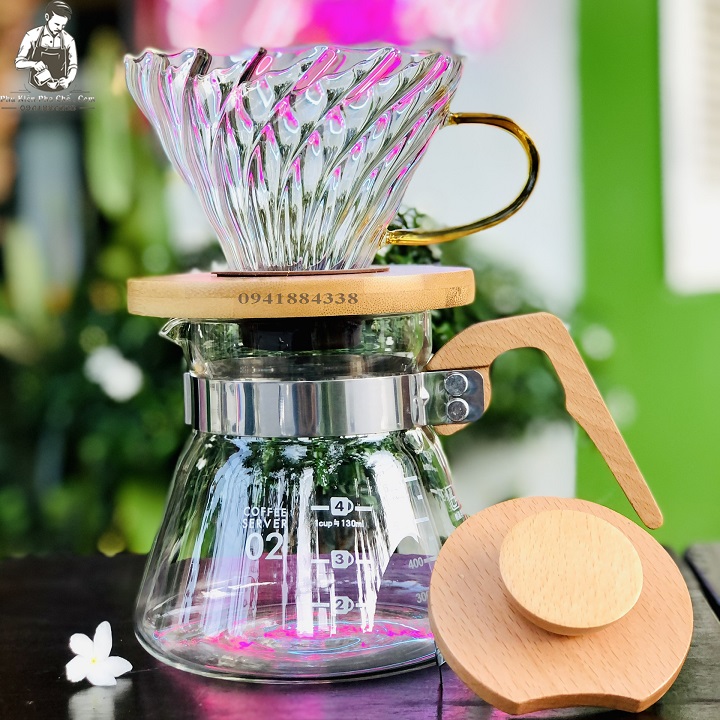 Bộ bình pha cà phê drip coffee, pour over v60 600ml tay cầm gỗ