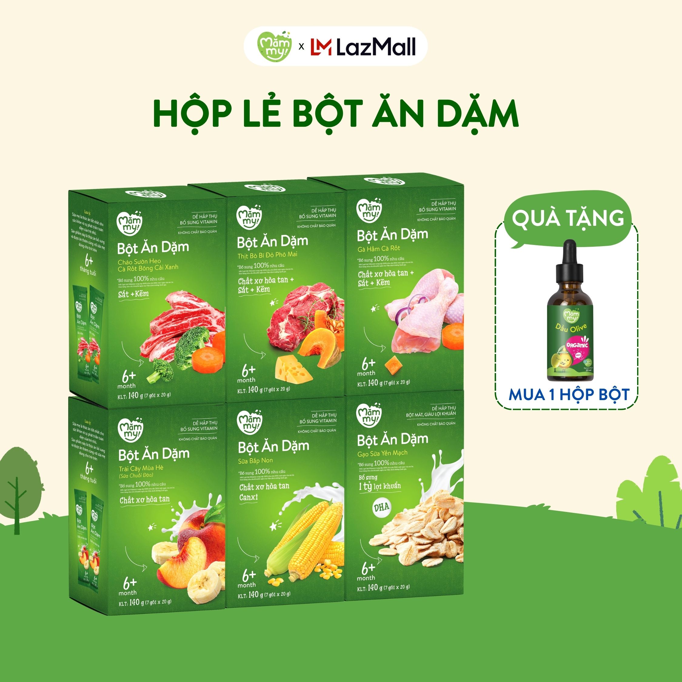 Bột ăn dặm Mămmy cho bé từ 6 tháng tuổi gồm bột sữa yến mạch, sữa bắp non, trái cây mùa hè, cháo sườ