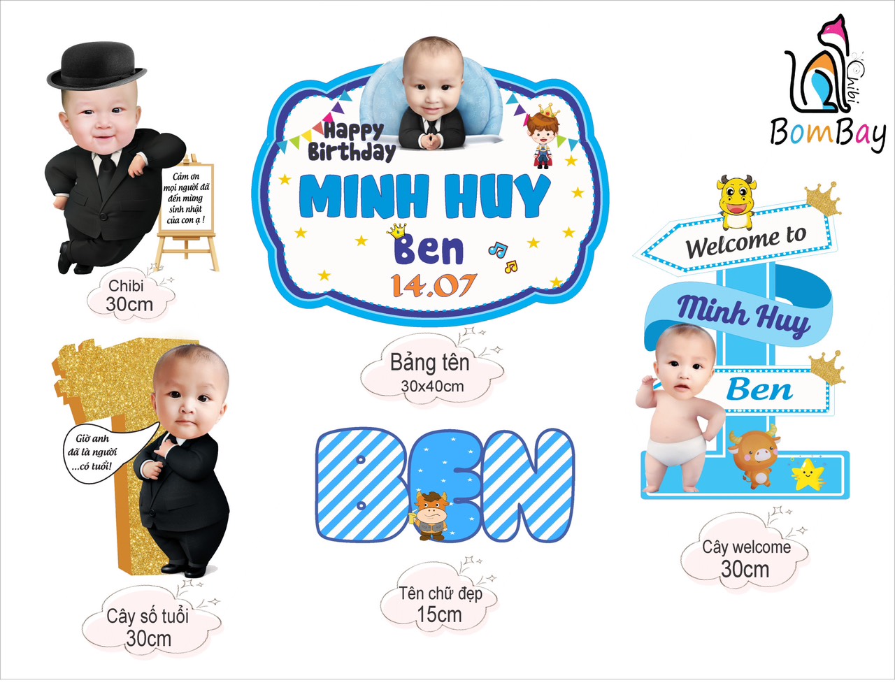 Set chibi để bàn Trang trí sinh nhật cho bé trai 1 tuổi- ib gửi thêm nhiều mẫu khác