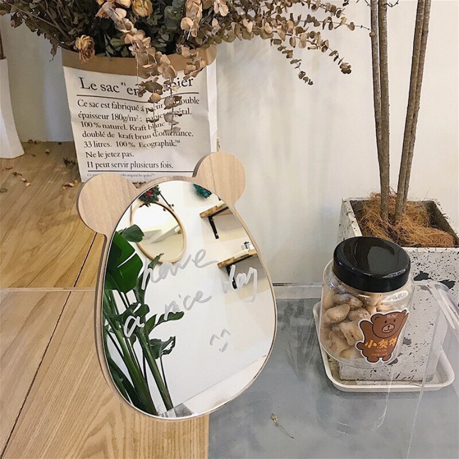 Gương soi để bàn gỗ hình tai gấu đáng yêu phong cách Hàn Quốc tặng kèm bút dạ trắng để viết