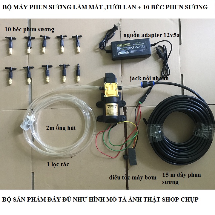 máy phun sương tưới lan,làm mát nhà 100psi + nguồn 12v5a + 10 béc đồng phun sương