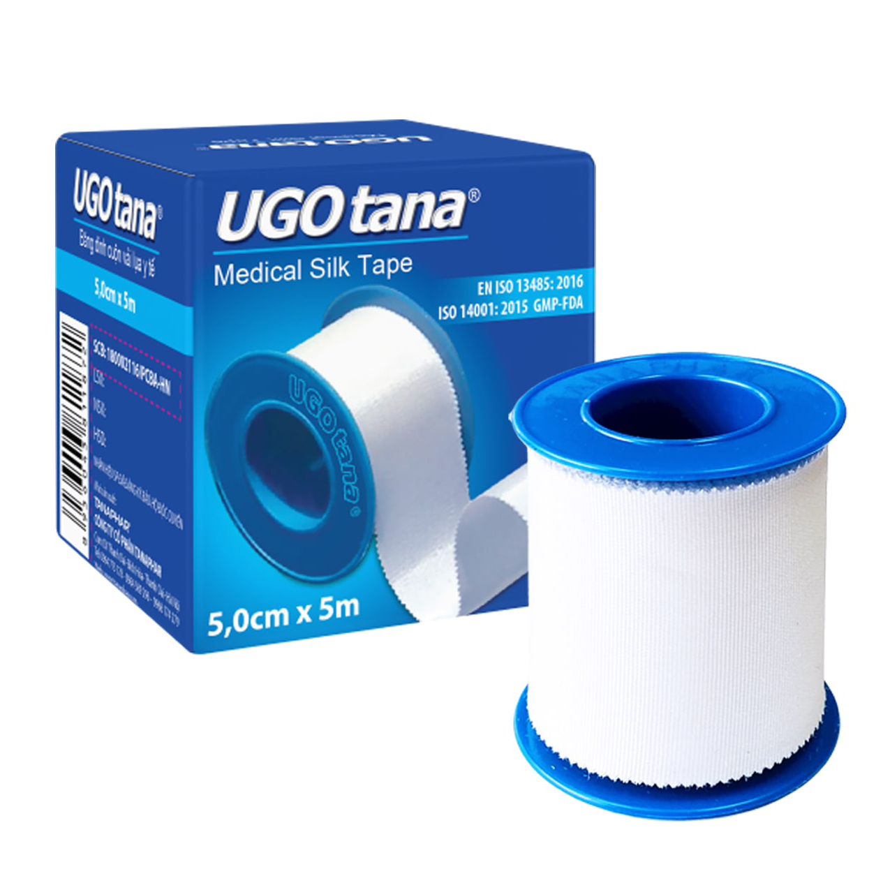 Băng keo cá nhân - Băng dính cuộn vải lụa, băng gạc y tế UGOTANA 5cm x 5m - Băng gâu, Băng dán vết thương, an toàn tiện dụng dùng băng các vết thương trong phẫu thuật, để cố định catheter, kim truyền - Hộp 1 cuộn - Guty Care