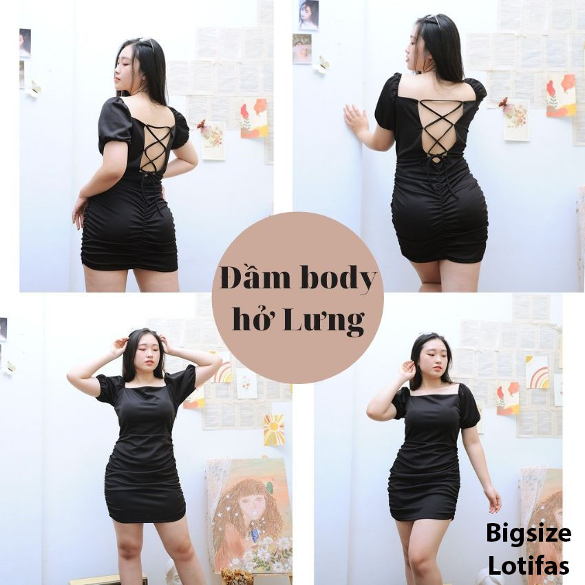 Đầm Big size cổ vuông dự tiệc dáng body có mút ngực, đan dây hở lưng sexy bèo rúm ôm eo che khuyết điểm cho người béo mập từ 55 đến 95kg