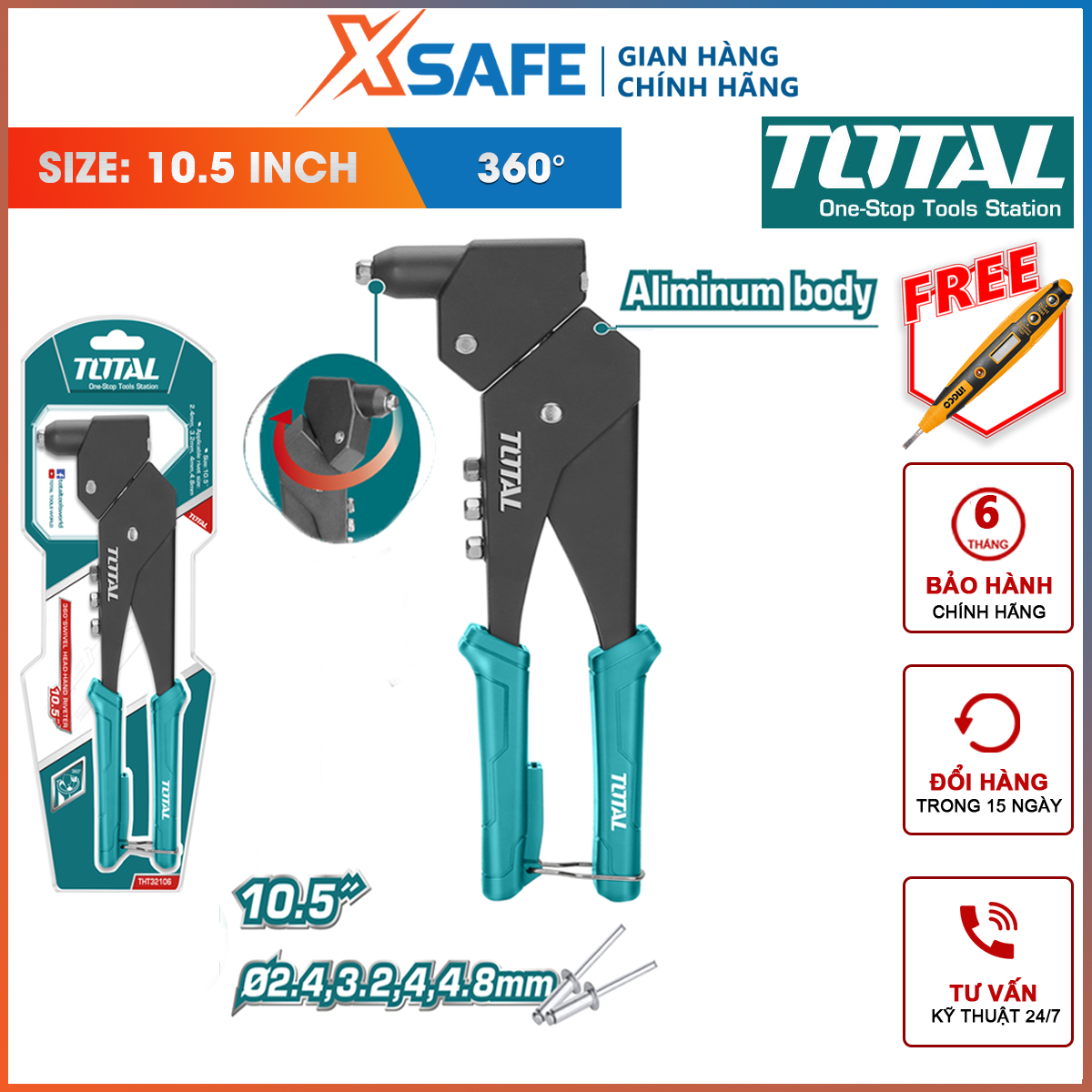 Kìm rút rivet total tht32106 | kềm rút rivet kích thước 10.5 inch | kích thước mũi rút 2.4mm, 3.2mm, 4mm, 4.8mm | chất liệu thép+nhôm