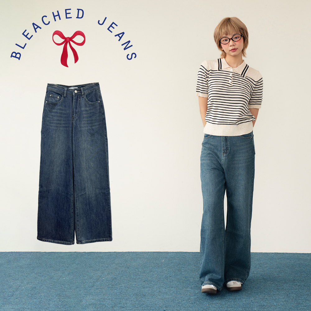 BLEUBIRD Quần jeans cạp trễ ống suông Bleached Jeans