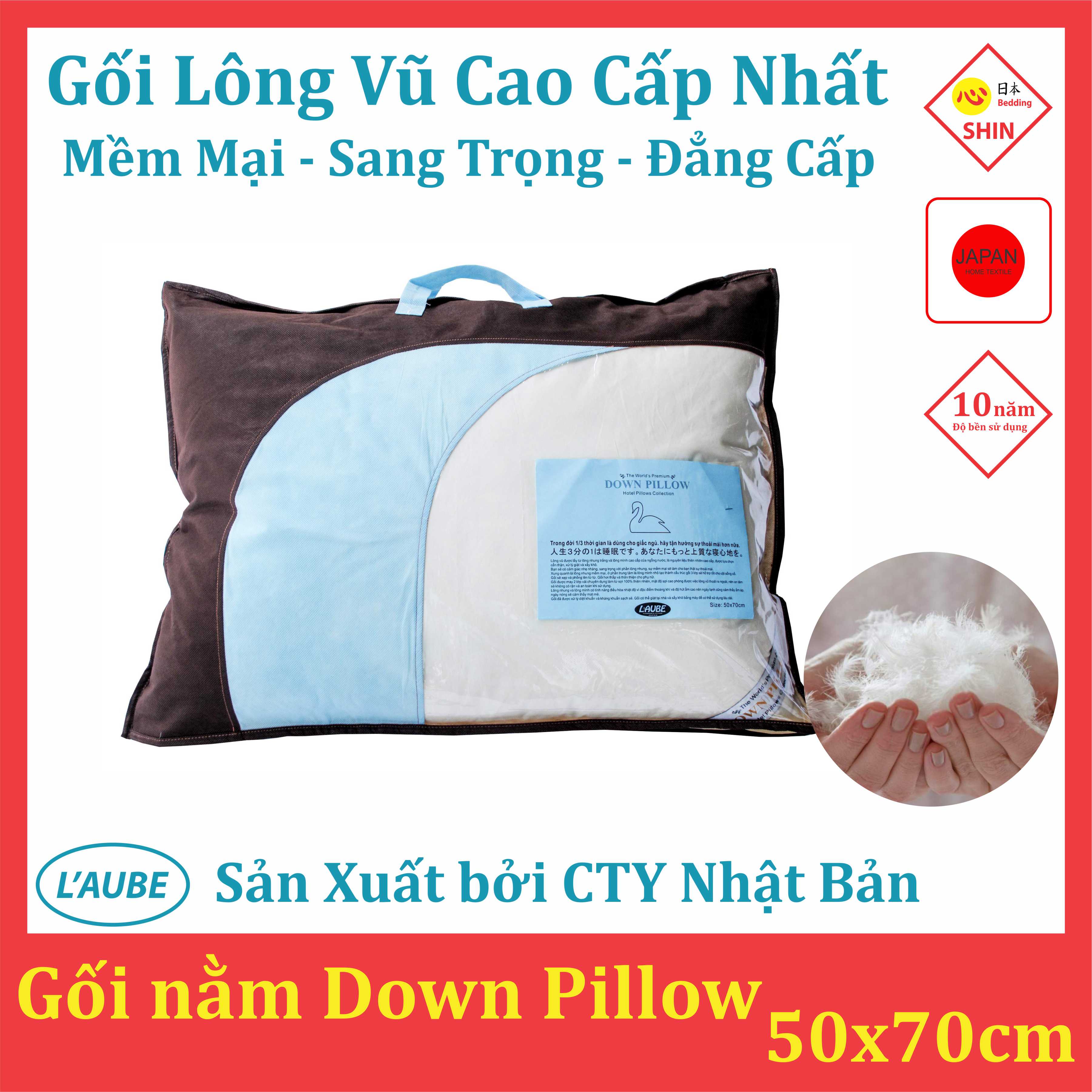 Gối ngủ lông vũ sang trọng và cao cấp nhat Down  Laube Nhật Bản 50x70cm
