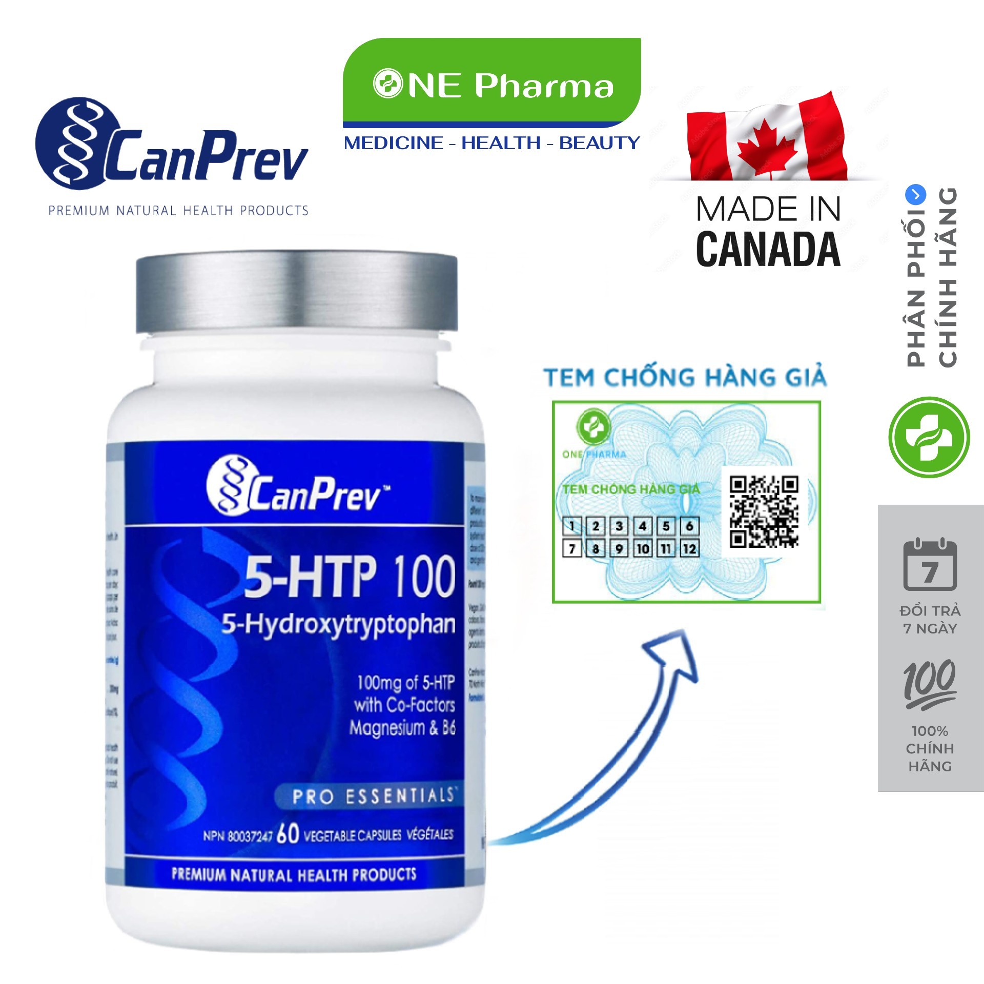 Viên uống giảm căng thẳng và suy nhược thần kinh Canprev 5 HTP 100mg 60 Viên