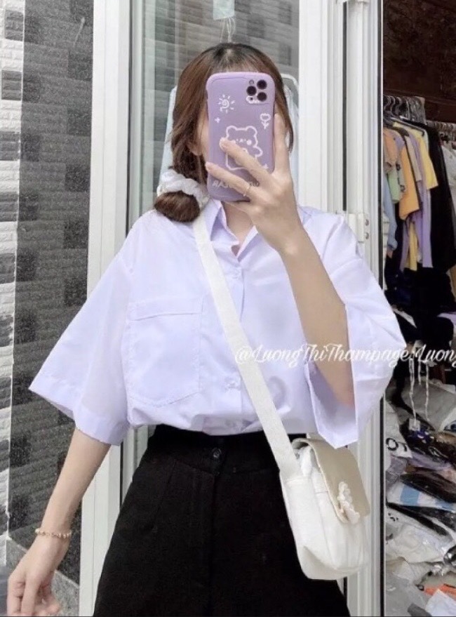 Áo sơ mi trắng học sinh đi học,, áo sơ mi nữ, áo kiểu nữ cổ sơ mi phối túi thời trang [ SM TRẮNG 1 TÚI-MỚI]