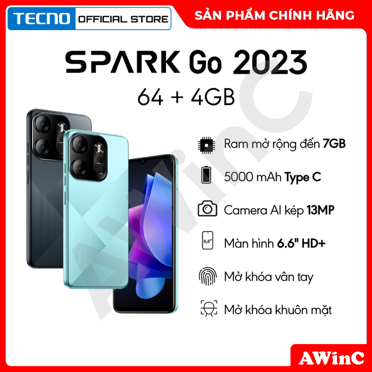 Điện thoại Tecno SPARK GO 2023 4GB/64GB - Helio A22 | 5000 mAh | 6,6\" HD+ | Cảm ứng vân tay | Bảo hành 13 tháng chính hãng