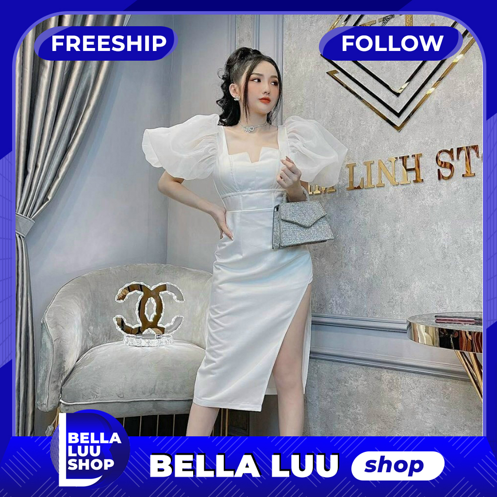 Đầm nữ dự tiệc tay phồng ôm dáng ngực xếp ly cá tính sang chảnh thời trang Bella Luu Shop