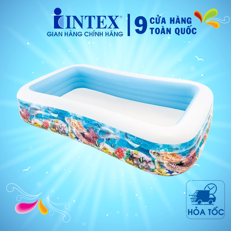 Bể bơi phao đại dương trẻ em INTEX 58485, hồ bơi bơm hơi có 3 tầng hình chữ nhật, kích thước cỡ lớn cho 4 - 5 bé cùng tắm ,Hồ bơi 3m- Chính hãng INTEX, Bảo hành 12 tháng