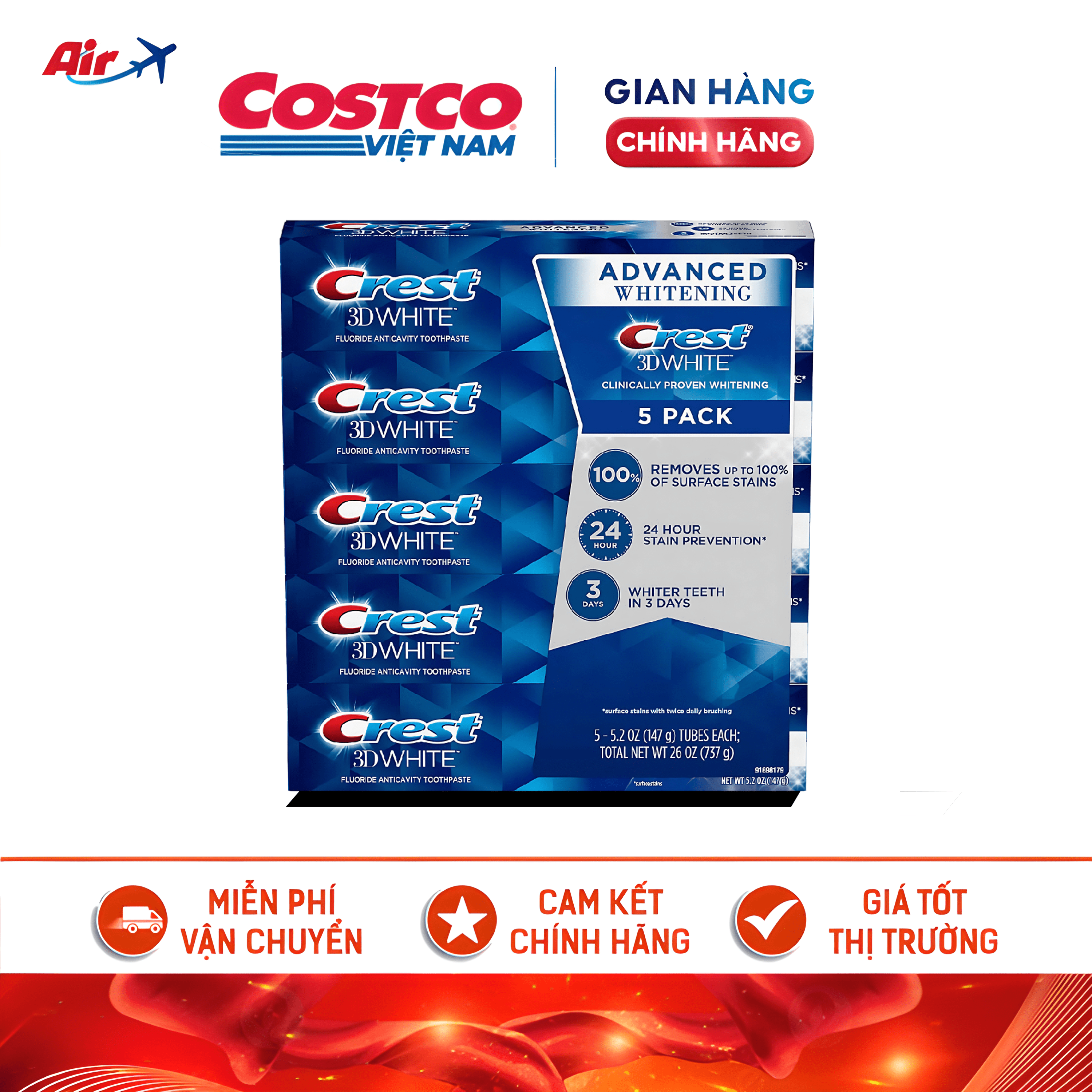 Kem đánh răng crest 3d white advanced triple whitening 147g