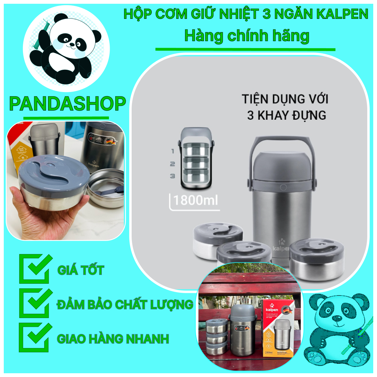 Bình đựng thức ăn giữ nhiệt 3 ngăn inox 304 kalpen kp-368 1800ml