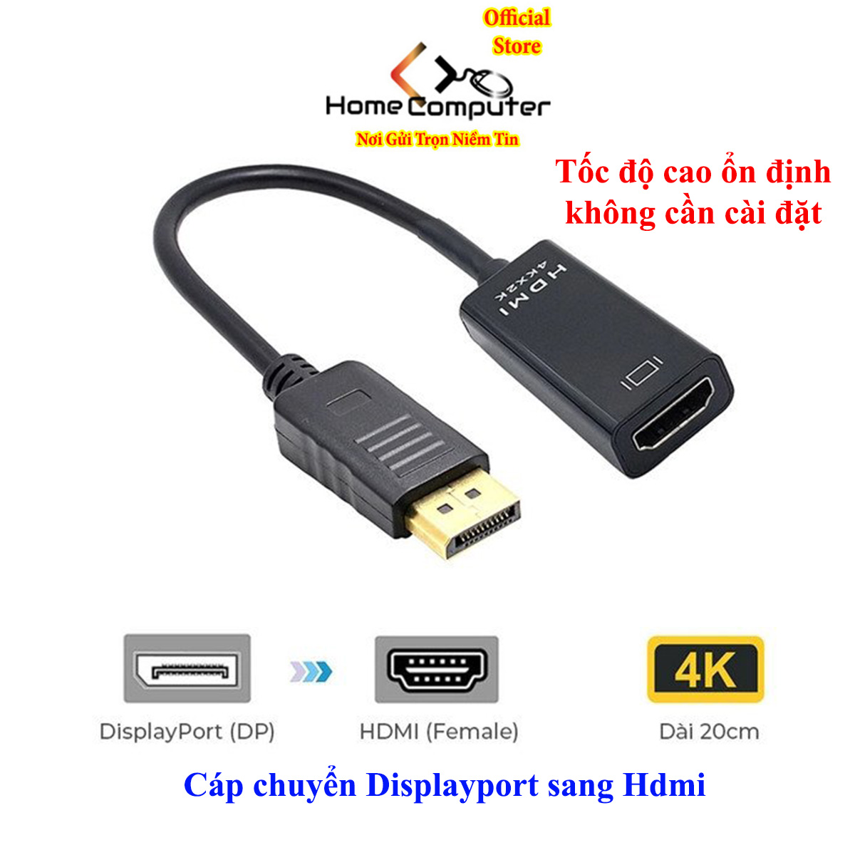 Cáp Chuyển Displayport ra HDMI. DP to hdmi 4K*2K / Full HD dài 20cm -> 1.8m Có âm thanh, không cần cài đặt