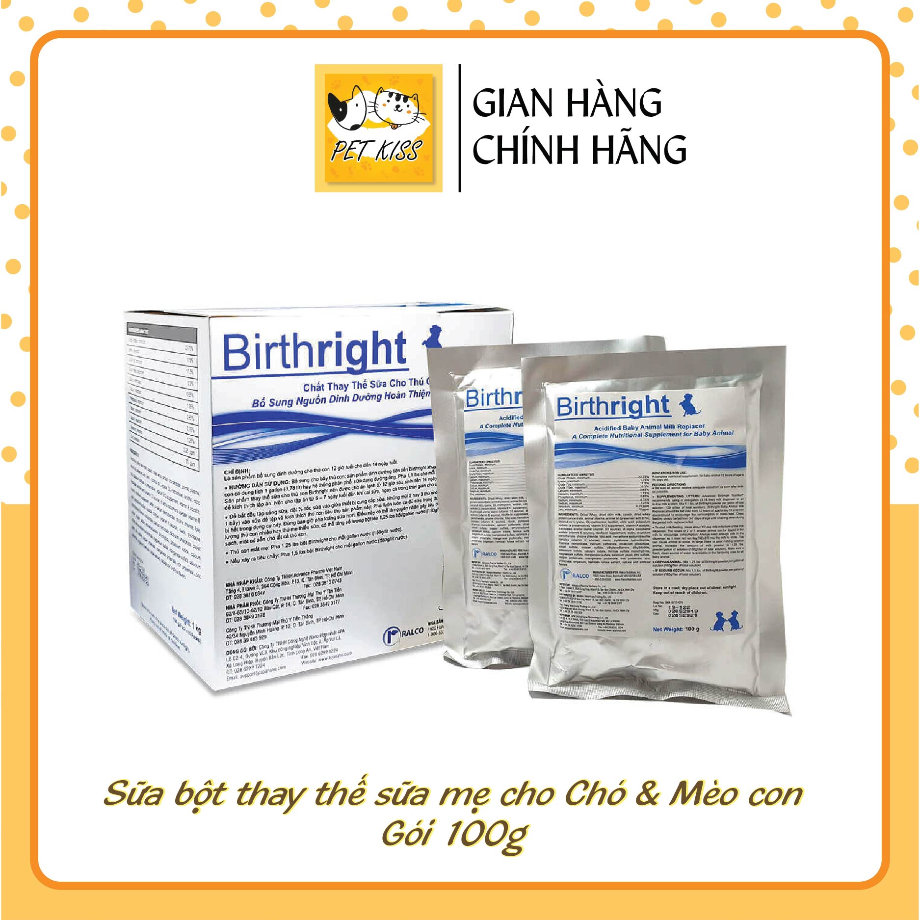 Sữa bột thay thế sữa mẹ cho Chó con & Mèo con Birthright, gói 100g