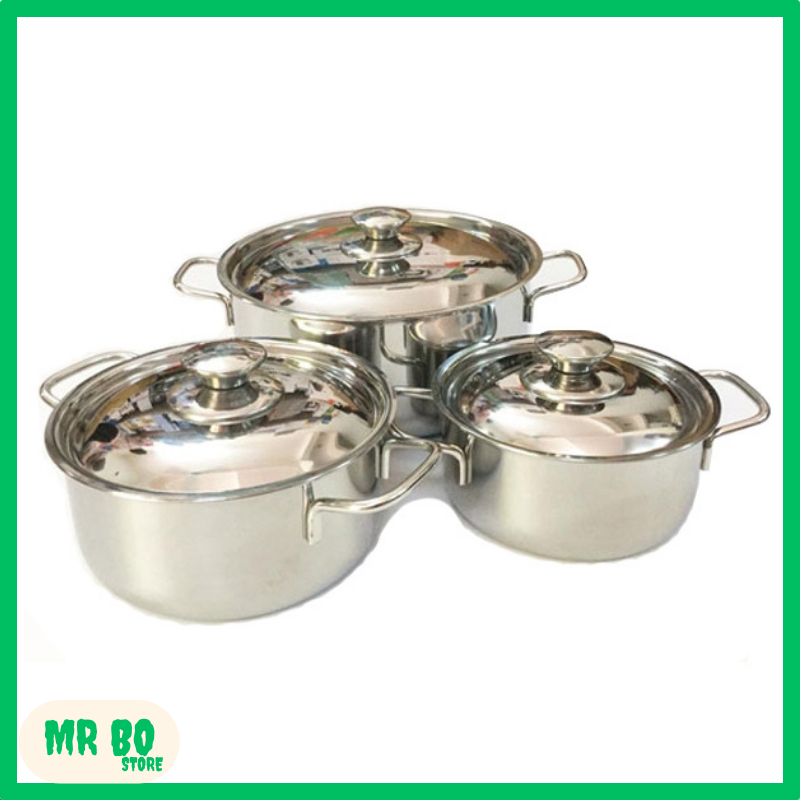 Bộ 3 nồi inox sáng bóng SHARP nắp inox 24cm 18cm 16cm dùng được bếp từ và mọi loại bếp bộ nồi inox chắc chắn cao cấp
