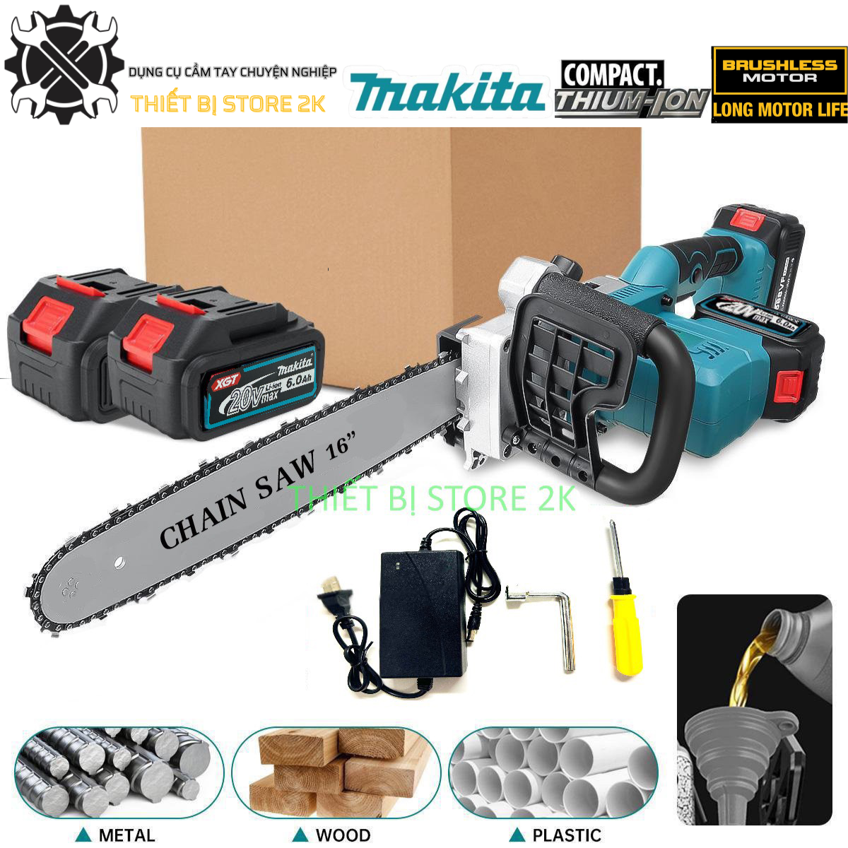 Máy cưa xích pin MAKITA 20V, công suất cực đại 1800W, lam xích khổ 16inch, sạc có đèn báo đầy, pin 15cell dung lượng cao, núm vặn căng xích bằng tay rất tiện lợi