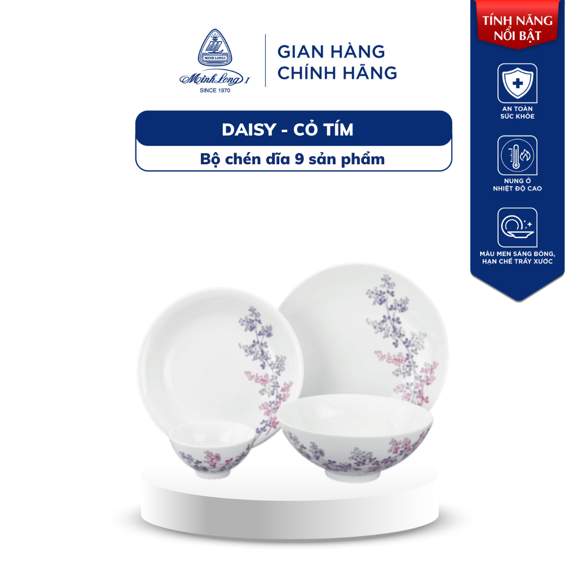 Bộ chén dĩa sứ minh long 9 sản phẩm - cỏ tím
