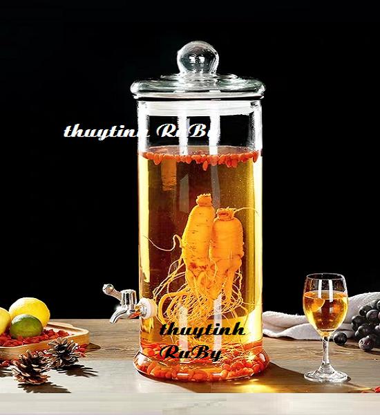 Bình Thủy Tinh Trụ TRƠN Ngâm Rượu 15 Lít (Có Vòi), Bình Thủy Tinh Ngâm Rượu Hình trụ tròn, Hũ Ngâm Ruou, Bình Ngâm Trái Cây, Binh Sam, Hu Lo Ngam Nhan Sam