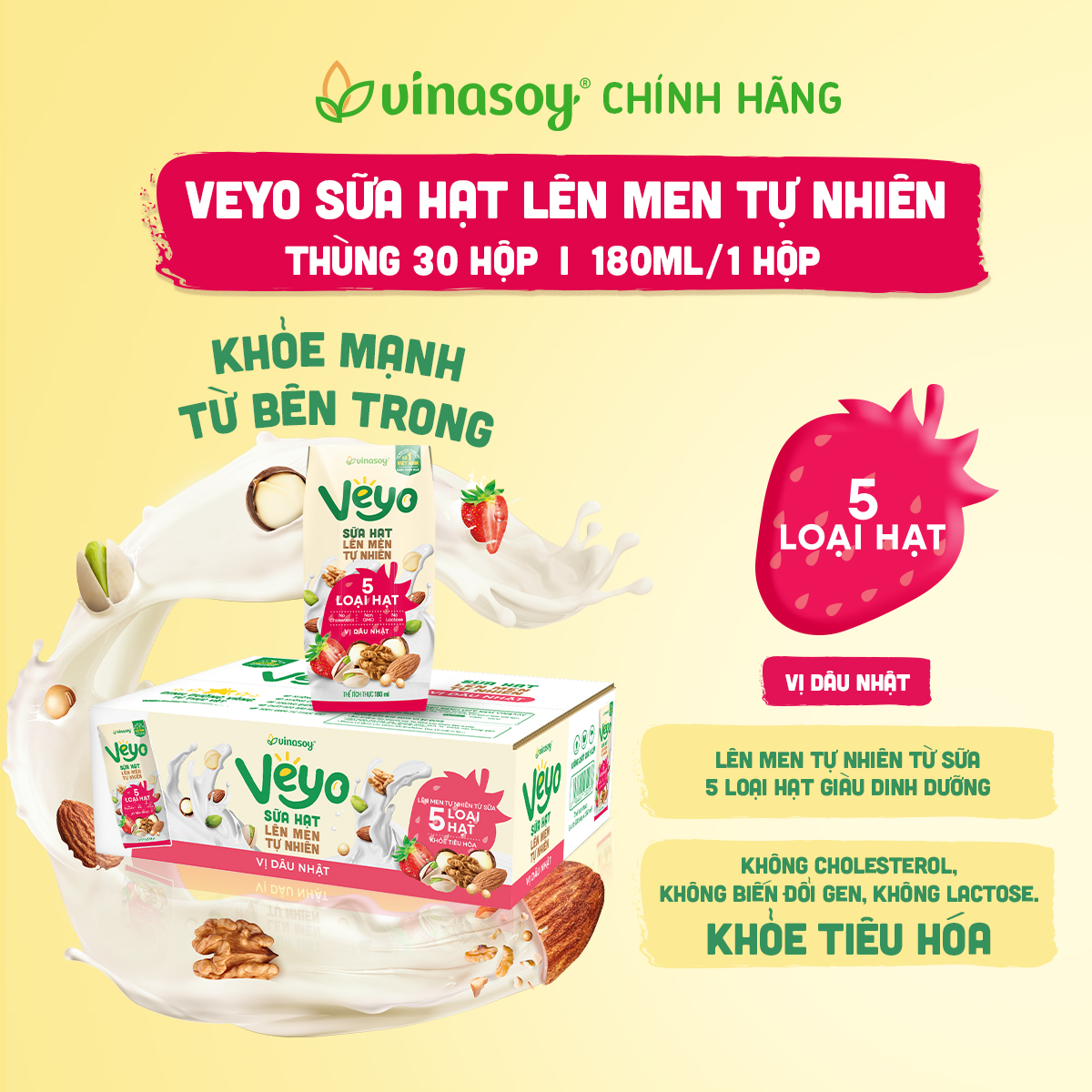 Thùng Veyo Sữa hạt lên men tự nhiên Vị Dâu Nhật (30hộp x 180ml)