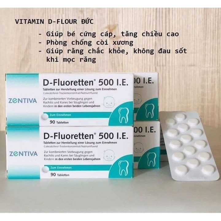 Vitamin D Fluoretten 500 I.E Zentiva Đức bổ sung vitamin D3 cho trẻ phát triển xương và răng hộp 90 viên