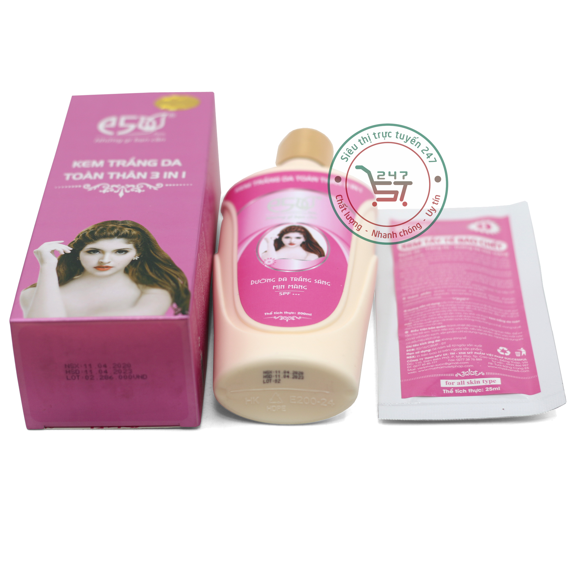 Kem body Trắng da Chống nắng ngừa Nhăn Lão hóa dưỡng da mịn màng E5 3in1 200ml