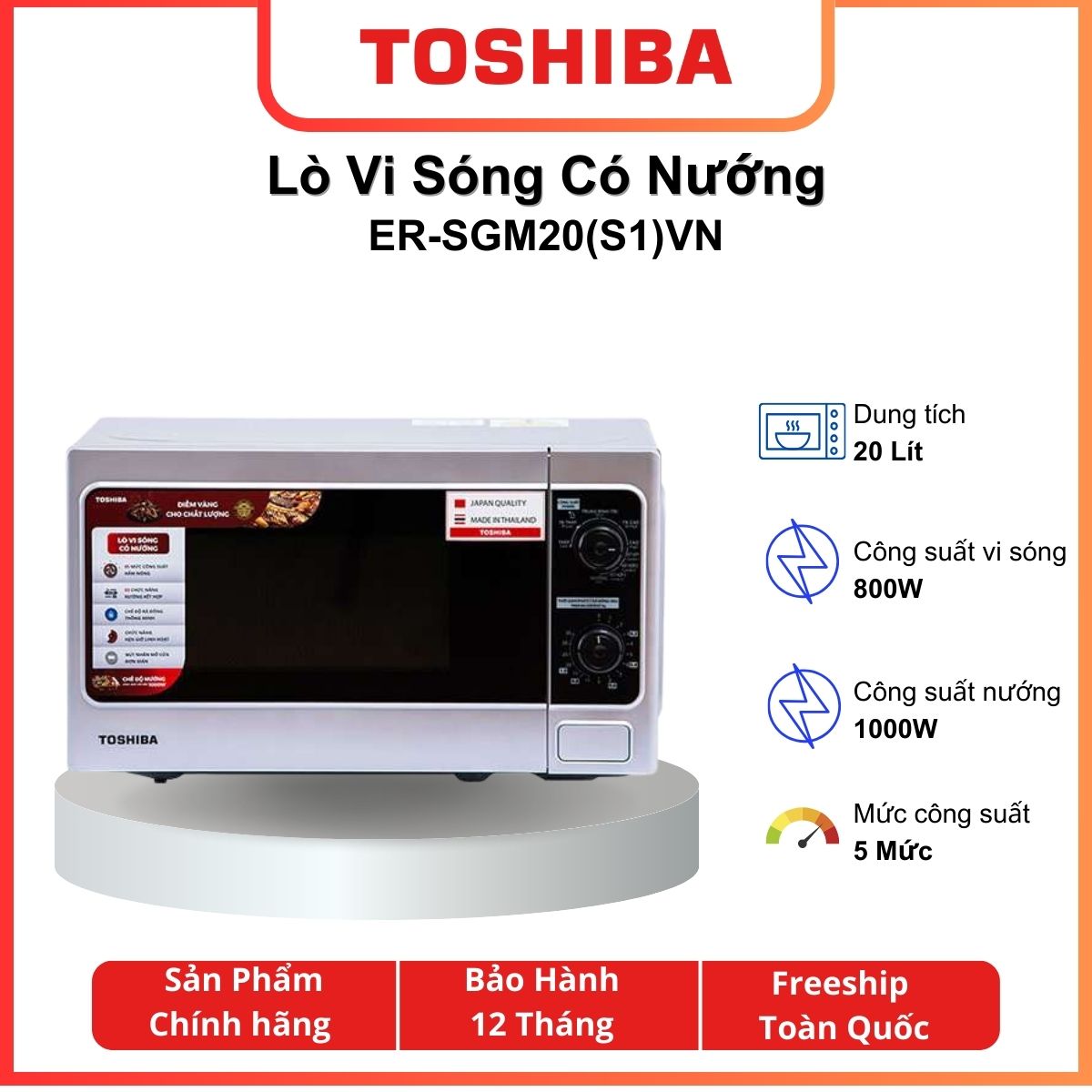 Lò vi sóng có nướng Toshiba ER-SGM20(S1)VN, Dung tích 20L, Bảng điều khiển tiếng việt- Bảo hành 12 Tháng