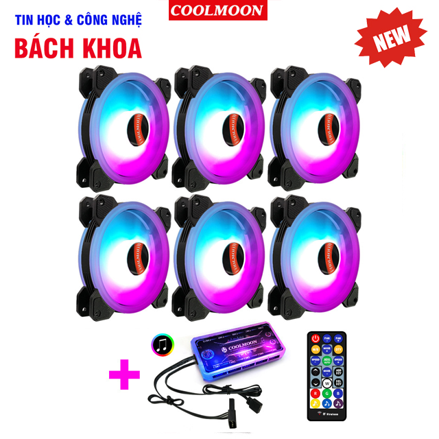 Bộ 6 quạt tản nhiệt, fan case coolmoon ver 3 / v3 led rgb - kèm bộ hub sync main, đổi màu theo nhạc