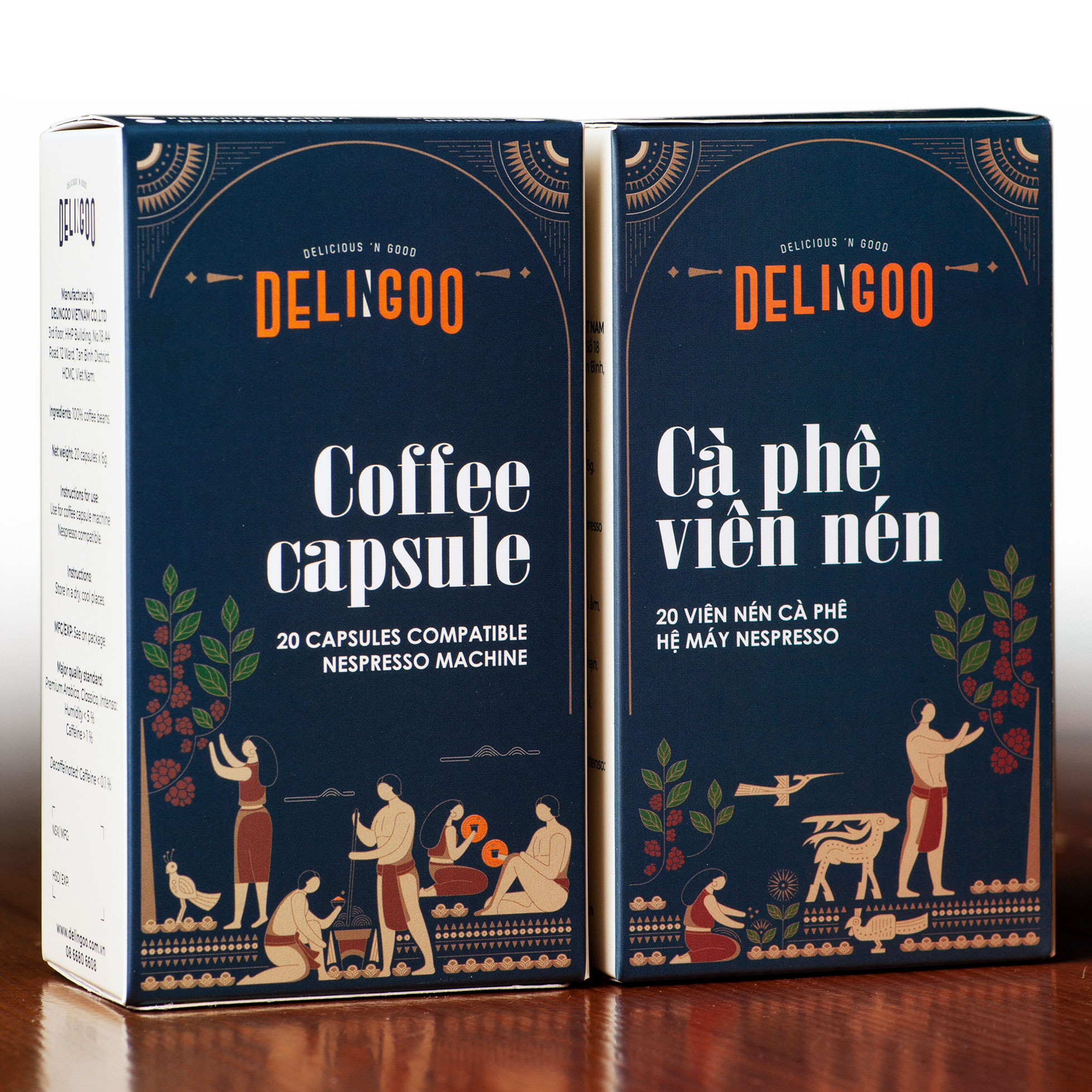 Cà phê viên nén Delingoo Coffee Capsule hộp 20 viên capsule Decaf, Classico, Arabica, Premium Arabica, Nespresso Capsule