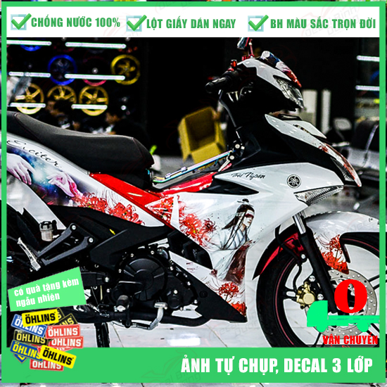 [HÌNH THẬT TỰ CHỤP] Tem Trùm Exciter 150 Trắng Đỏ Hoa Bỉ Ngạn Đẹp Mắt - Tem Dán Xe Máy Exciter 150 Cao Cấp