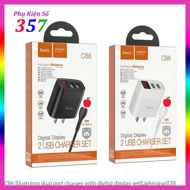 Bộ củ cáp 2.4a hoco c86 2 cổng usb màn led, chân ip, micro, type-c - bh 12 tháng