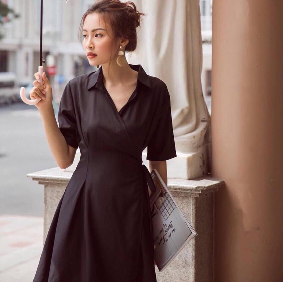 Đầm sơ mi đen đắp tà