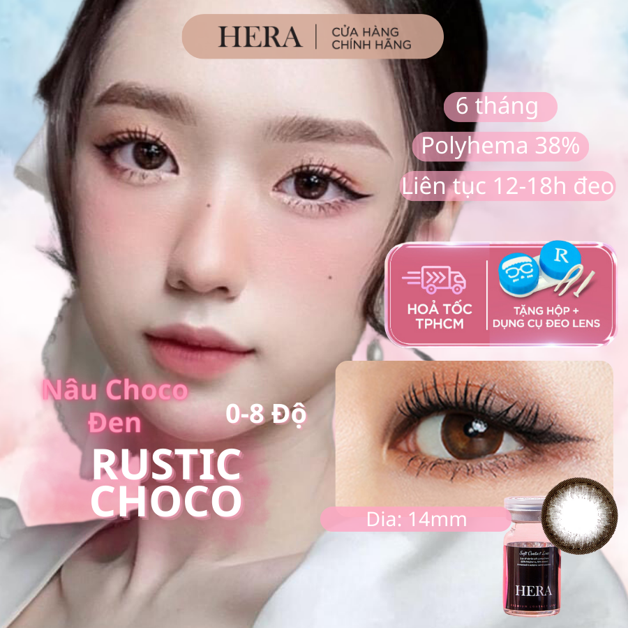 Lens hera nâu choco đen 0 - 8 độ rustic choco nhập khẩu hàn quốc kính áp tròng cận 6 tháng