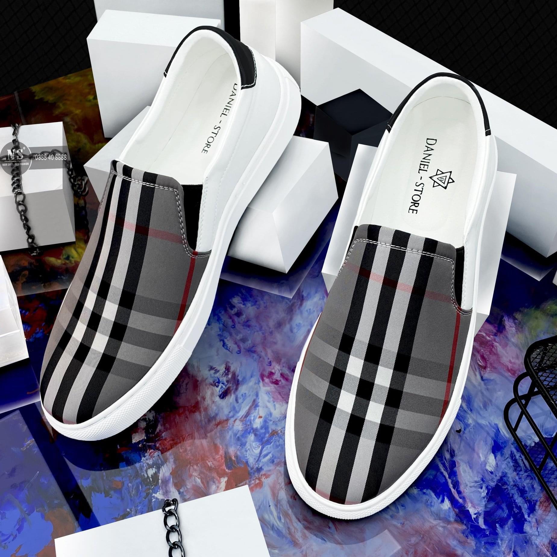 Giày lười nam phối kẻ sọc màu ghi siêu chất