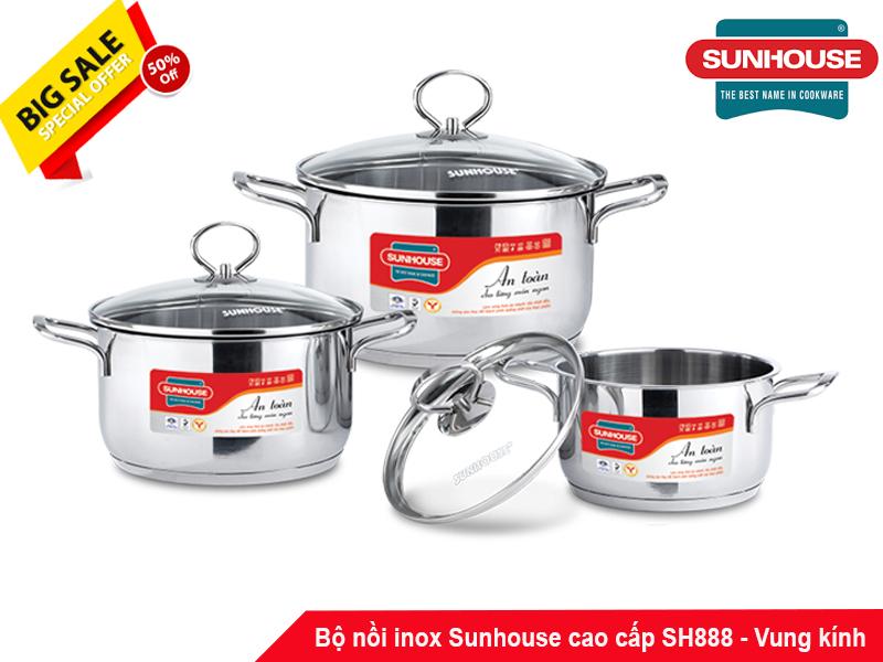 Bộ nồi Inox 3 đáy quai đũa cao cấp SUNHOUSE SH888