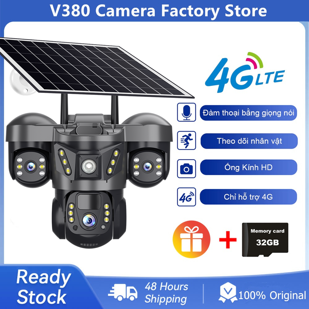 V380 Ba ống kính Máy ảnh năng lượng mặt trời 4G 15MP An ninh ngoài trời Máy ảnh IP Tầm nhìn ban đêm màu IP66 Giám sát nhà không thấm nước