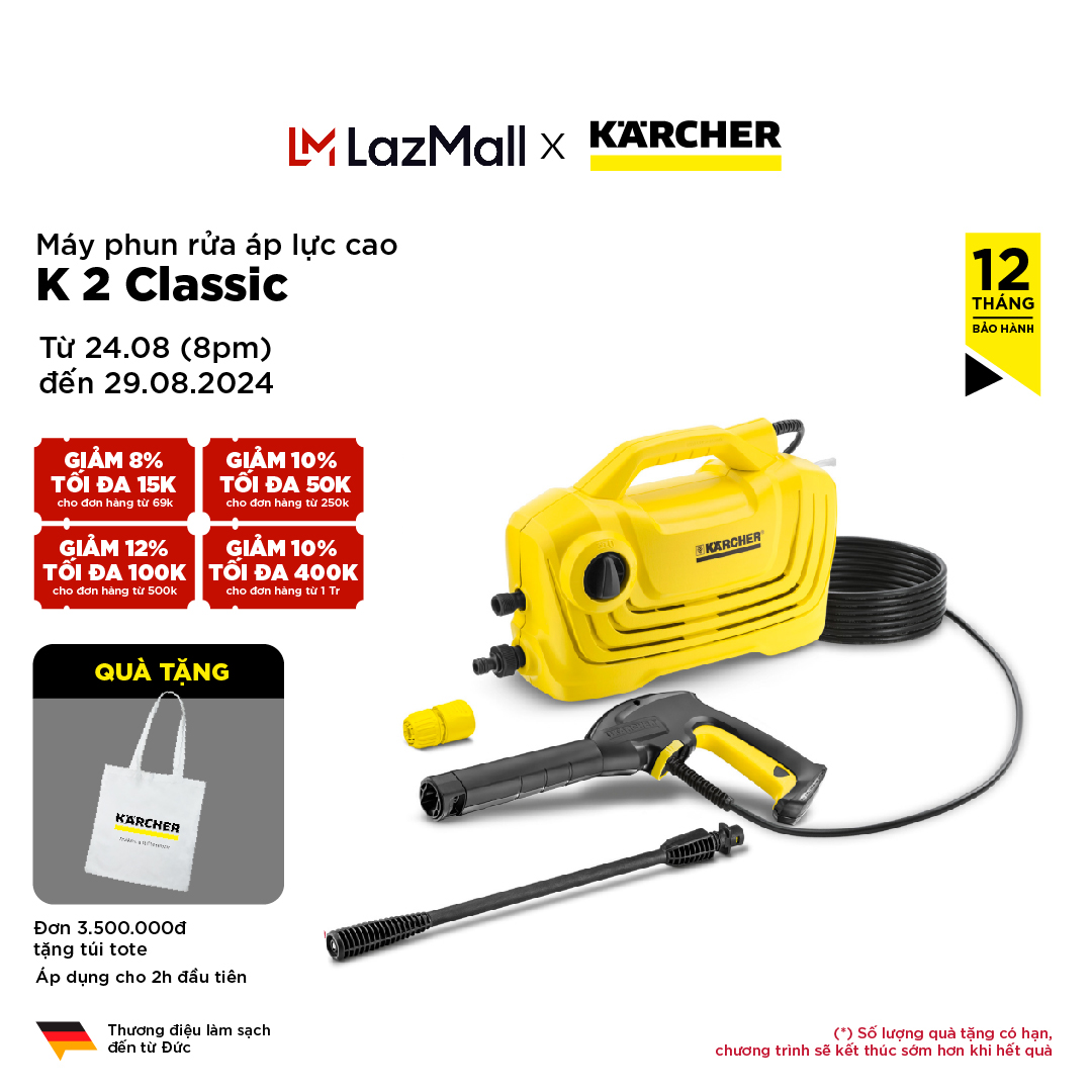 Máy xịt rửa xe cao áp Karcher K2 Classic 1400W - Máy rửa xe 110 bar kèm kèm súng phun nước, khớp nối ống nước, dây áp lực dài,..