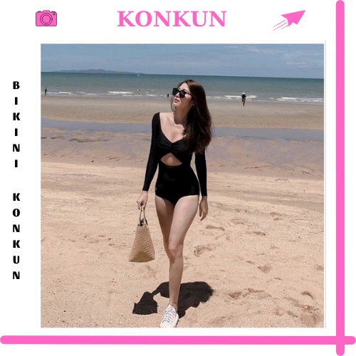 Bikini liền mảnh Đồ bơi nữ tay dài nhún ngực khoét lưng, ngực sexy KONKUN MS81