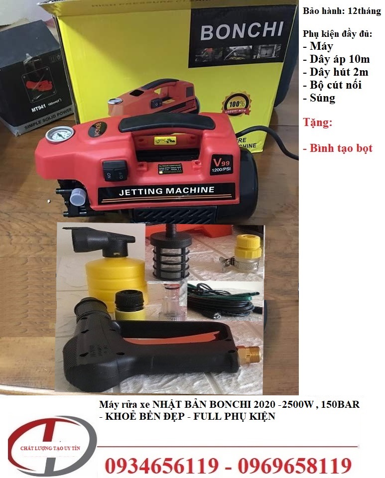 MÁY RỬA XE GIA ĐÌNH BONCHI NHẬT BẢN, CÔNG SUẤT 2500W, 150 BAR, MAY RUA XE UY TIN BAO HÀNH 12 THÁNG