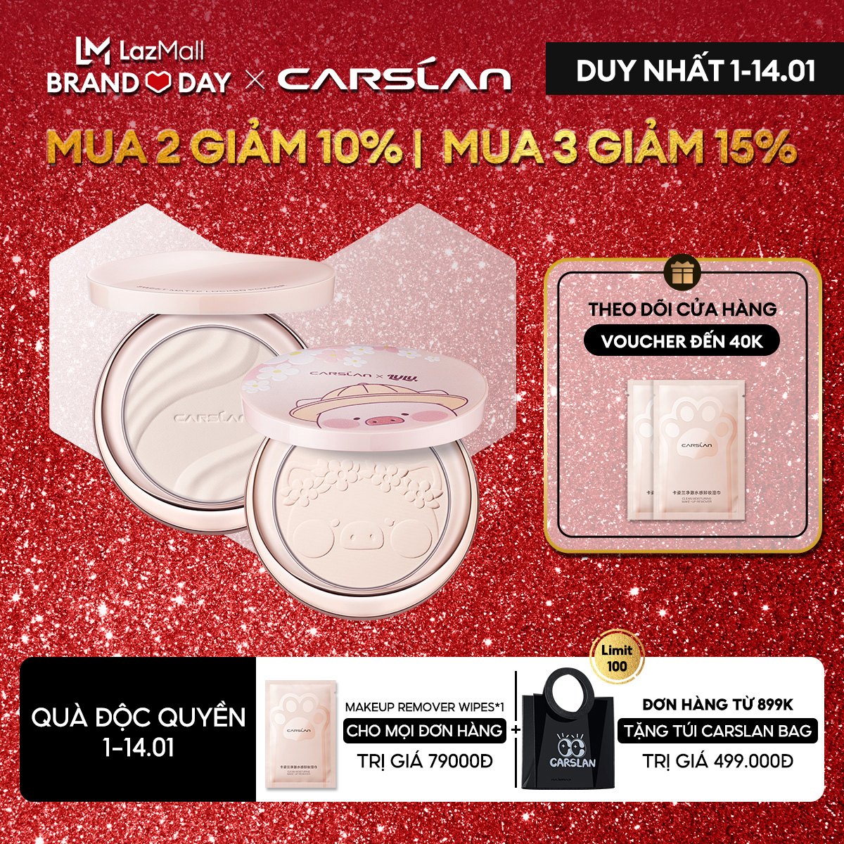 Phấn phủ kiềm dầu CARSLAN Lulu Pig dùng khóa lớp trang điểm chống thấm nước 12h lâu trôi kiềm dầu hiệu quả 8g